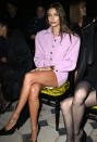 <p>Bieber stands out in her pastel-hued outfit in Saint Laurent's front row.</p>