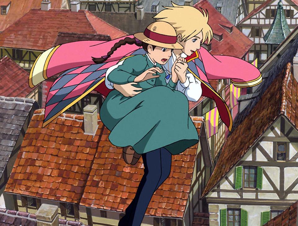 (L-R) Sophia (voiced by Emily Mortimer) and Howl (voiced by Christian Bale) in a scene from the motion picture "Howl's Moving Castle."