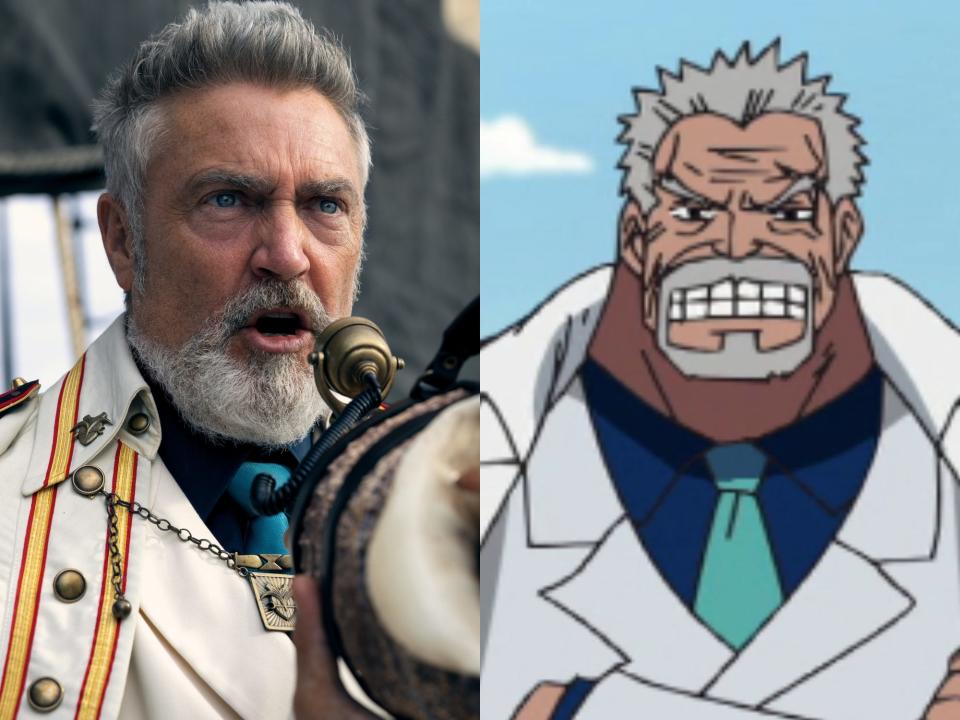 left: vincent regan as garp in netflix's one piece, speaking into a microphone and wearing a white coat; right: garp in the one piece anime, wearing the same outfit and scowling