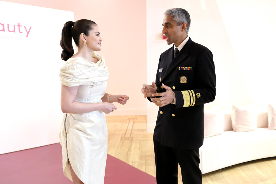 NEW YORK, NEW YORK - MAY 01: (L-R) Selena Gomez and Surgeon General Vivek H. Murthy attend Rare Beauty’s 3rd Annual Mental Health Summit at  on May 01, 2024 in New York City. (Photo by Cindy Ord/Getty Images for Rare Beauty)