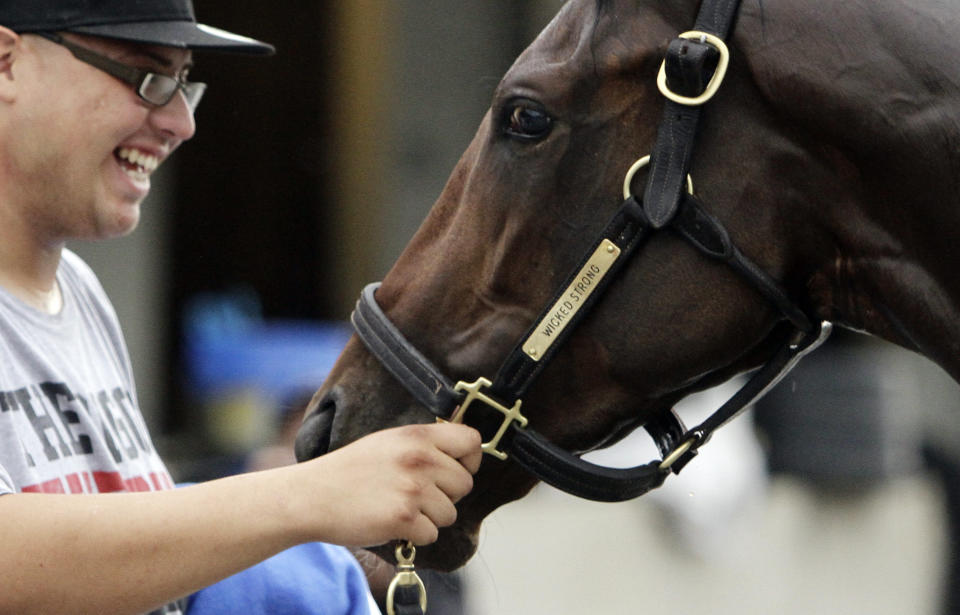 Hot walker Francisco Ugarte holds Kentucky Derby hopeful Wicked Strong after a morning workout at Churchill Downs Monday, April 28, 2014, in Louisville, Ky. (AP Photo/Garry Jones)