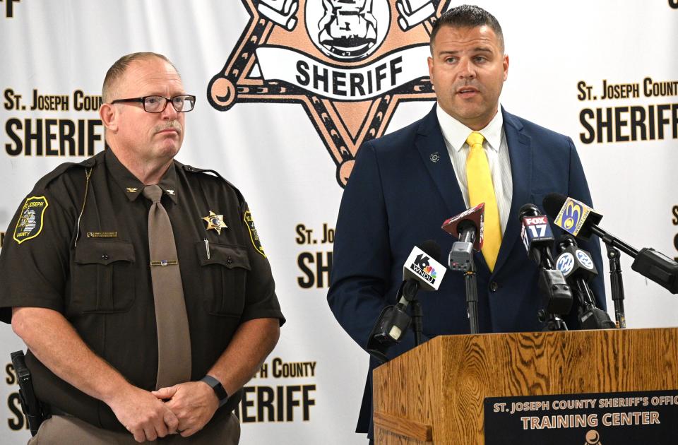 St. Joseph County Undersheriff Jason Bingaman and Sturgis Public Safety Director Ryan Banaszak read prepared statements about the double homicide in Sturgis Saturday night and the Sunday officer shooting of suspect David Algarin, Jr.