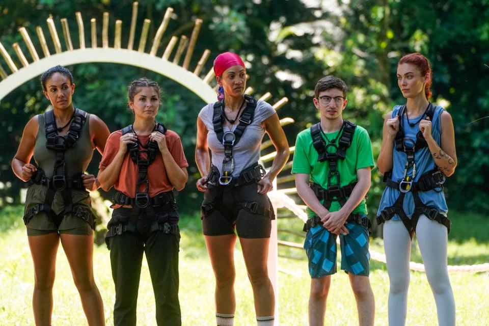 Cast members on "Deal or No Deal Island" in episode 103 (pictured left to right): Jordan Fowler, Miranda Harrison, Stephanie Mitchell, Aron Barbell and Alyssa Klinzing.