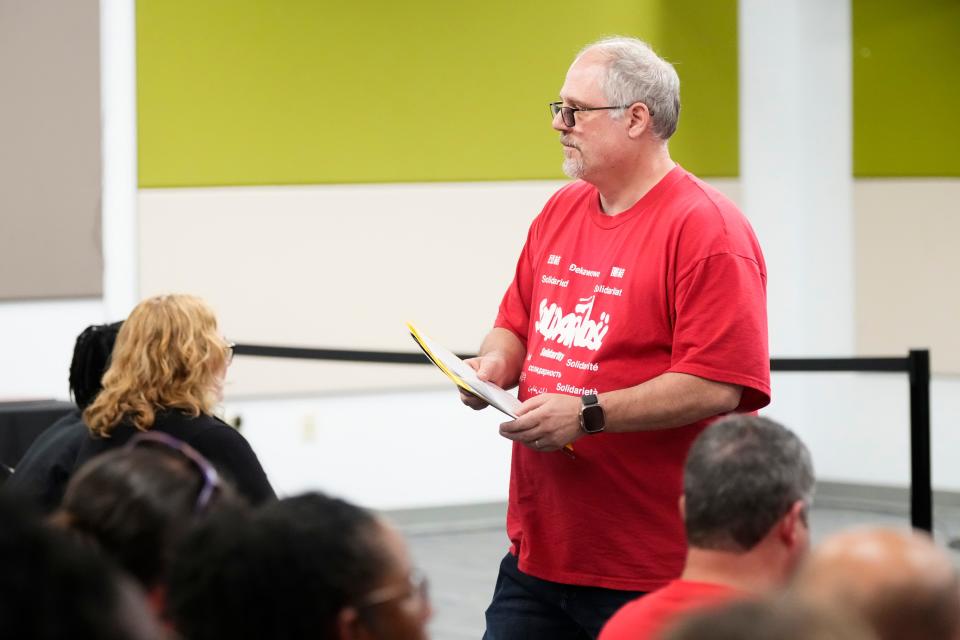 May 7, 2024;  Columbus, Ohio, USA;  Columbus Education Association President John Coneglio speaks during the Columbus School Board meeting.