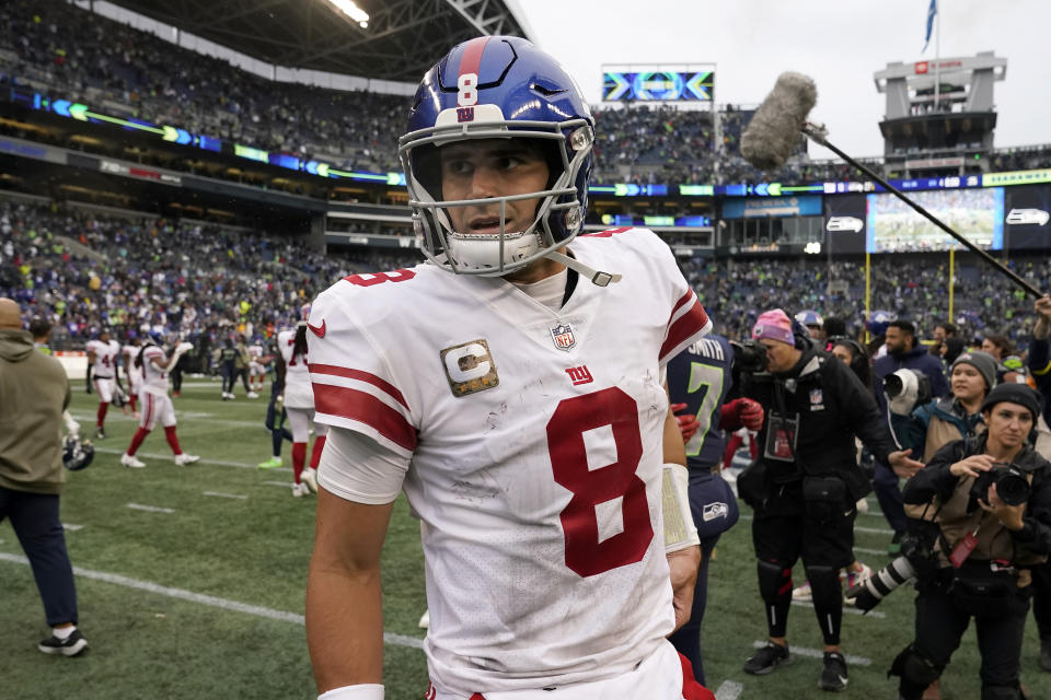 New York Giants quarterback Daniel Jones (8) walks off the field after an NFL football game against the Seattle Seahawks in Seattle, Sunday, Oct. 30, 2022. (AP Photo/Marcio Jose Sanchez)