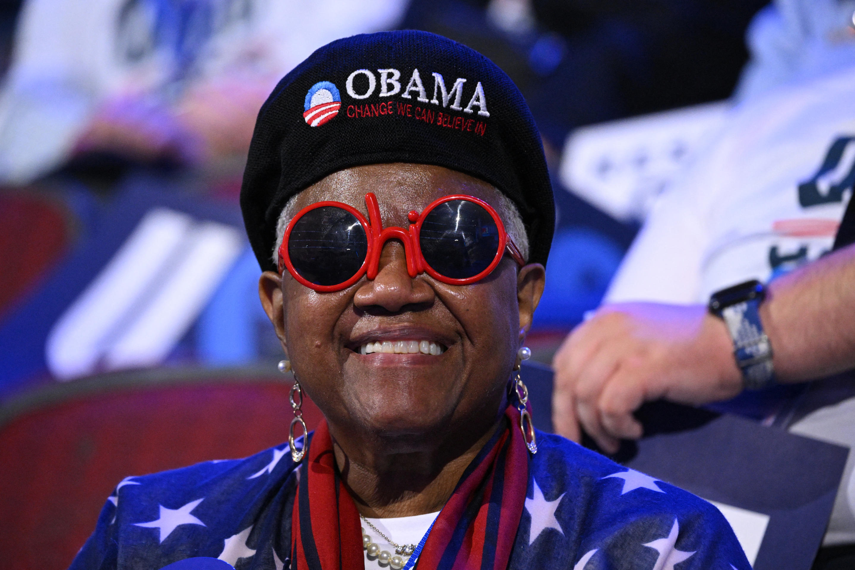 A delegate attends the second day of the convention wearing an Obama hat. (Alex Wroblewski/AFP via Getty Images)