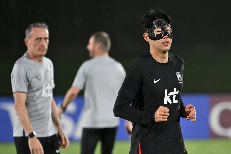 Heung-min Son is wearing a mask in order to play at the World Cup (AFP via Getty Images)