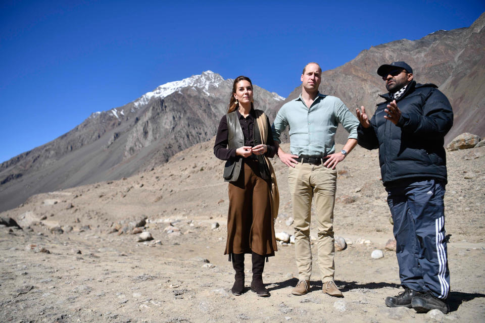 KHYBER PAKHUNKWA, PAKISTAN - OCTOBER 16: Prince William, Duke of Cambridge and Catherine, Duchess of Cambridge visit  the Chiatibo glacier in the Hindu Kush mountain range on October 16, 2019 in the Chitral District of Khyber-Pakhunkwa Province, Pakistan. They spoke with a an expert about how climate change is impacting glacial landscapes. The Cambridge's are engaging in a royal tour of Pakistan from 14th -18th October. (Photo by Pool/Samir Hussein/WireImage)