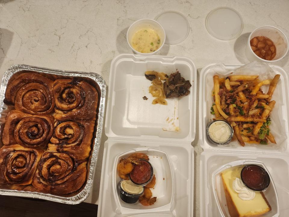 Cinnamon rolls, shrimp, cheesecake, and fries from Logan's Roadhouse