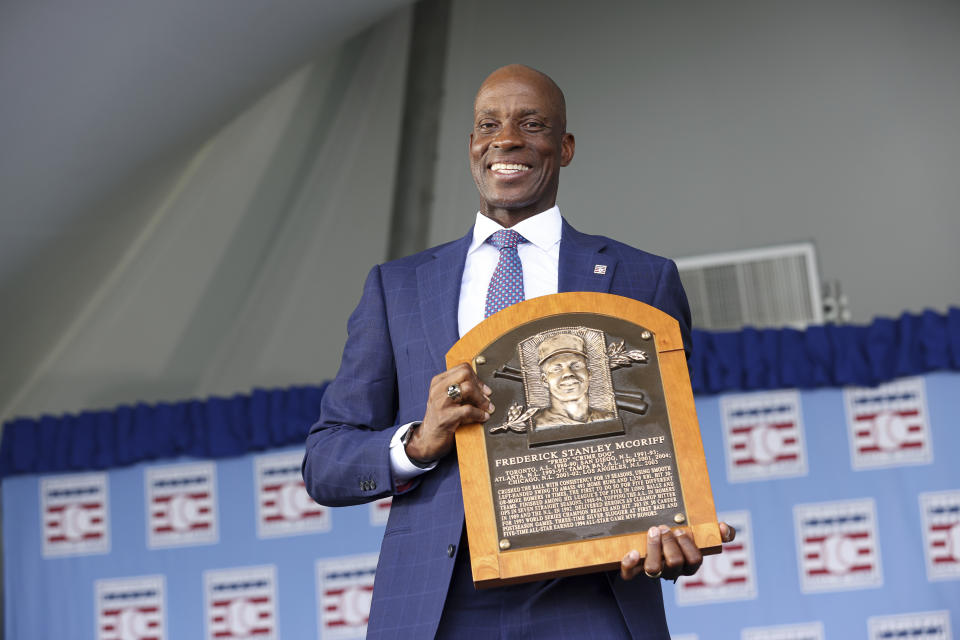 Hall of Fame inductee Fred McGriff poses for a picture during the National Baseball Hall of Fame induction ceremony, Sunday, July 23, 2023, at the Clark Sports Center in Cooperstown, N.Y. (AP Photo/Bryan Bennett)