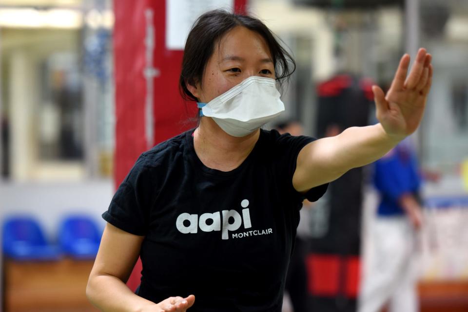 In light of recent hate crimes against Asian Americans, AAPI Montclair, sponsors a free self-defense class at Master Cho's Talium in Cedar Grove on March 15, 2022. AAPI Montclair President Amber Reed practices self-defense techniques.