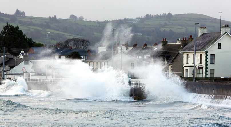 High winds and sea batter the Antrim coast road in Co Antrim, Northern Ireland, December 2013