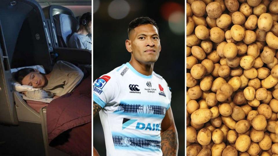 Qantas business class, Israel Folau and potatoes. (Images: Qantas, Getty)