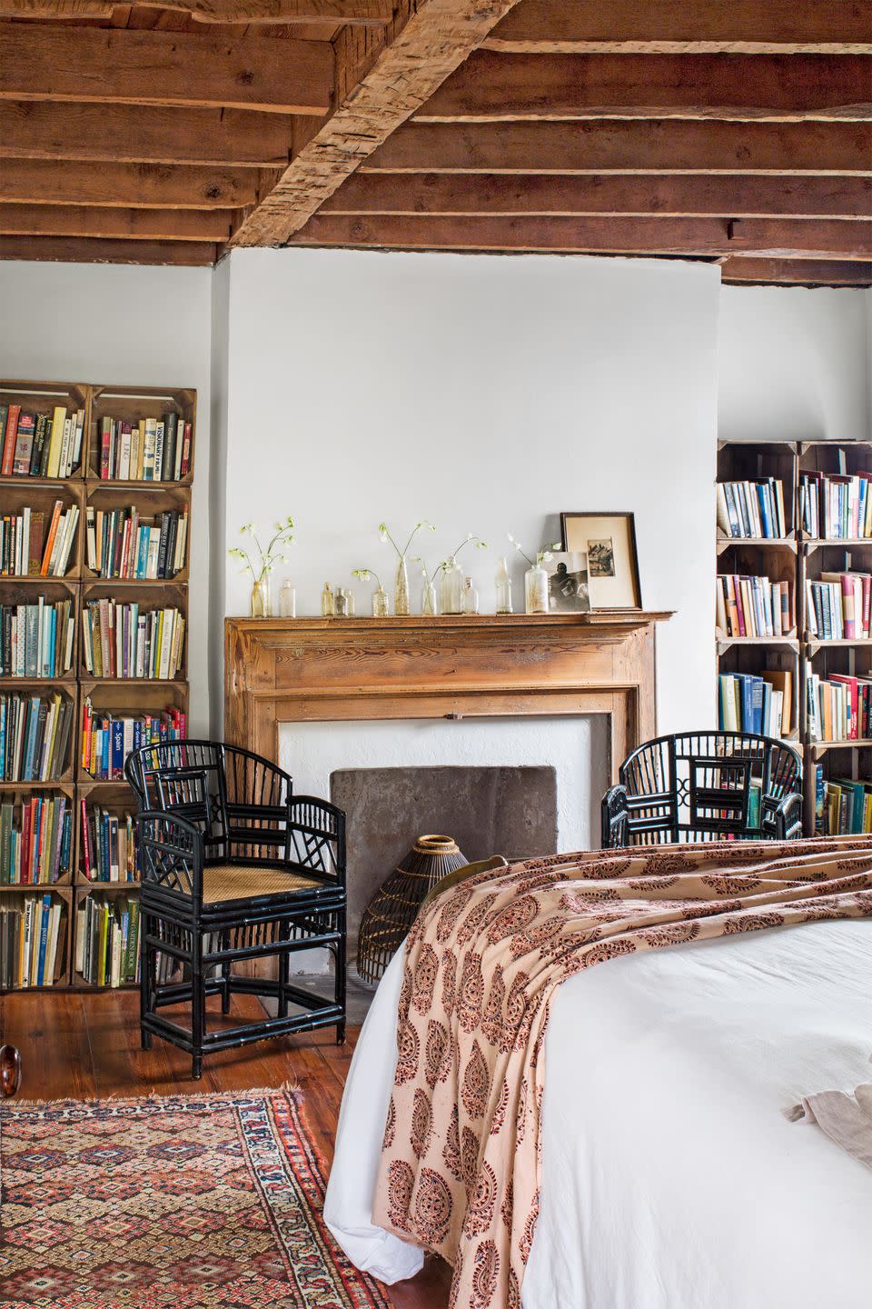 bedroom with wood crate shelving