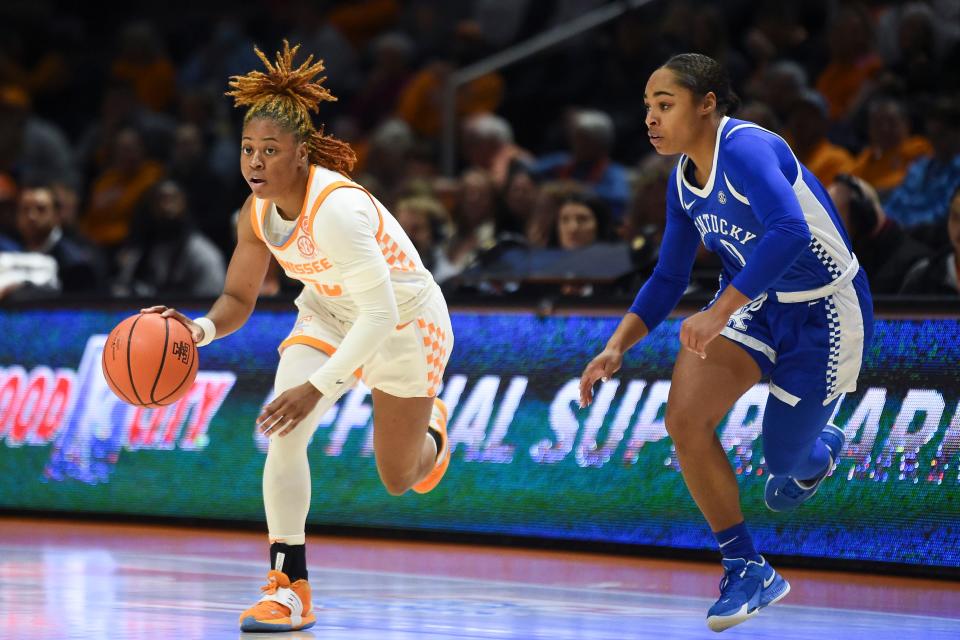 Tennessee's Jasmine Powell (15) is guarded by Kentucky's Brooklynn Miles (0) during an NCAA college basketball game on Sunday, January 7, 2024 in Knoxville, Tenn.