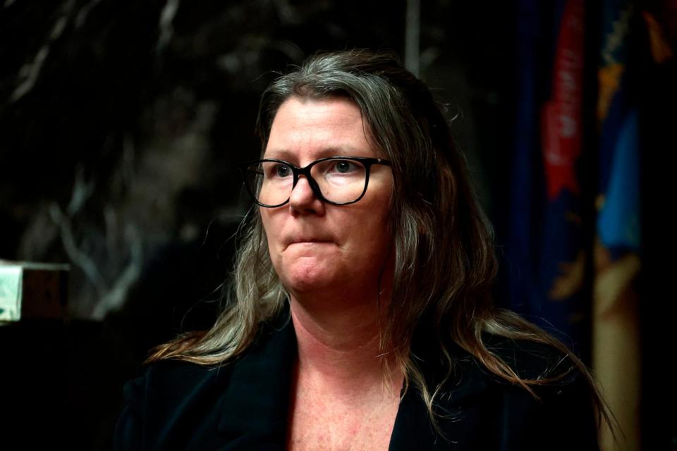 PHOTO: Jennifer Crumbley the mother of accused Oxford High School gunman Ethan Crumbley listens on the stand in the courtroom of Oakland County Court in Pontiac, Mich., on Feb. 2, 2024. (Jeff Kowalsky/AFP via Getty Images, FILE)