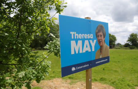 An election campaign poster promoting Britain's Prime Minister Theresa May is seen in her Parliamentary constituency of Maidenhead in southern England, Britain, May 21, 2017. REUTERS/Toby Melville