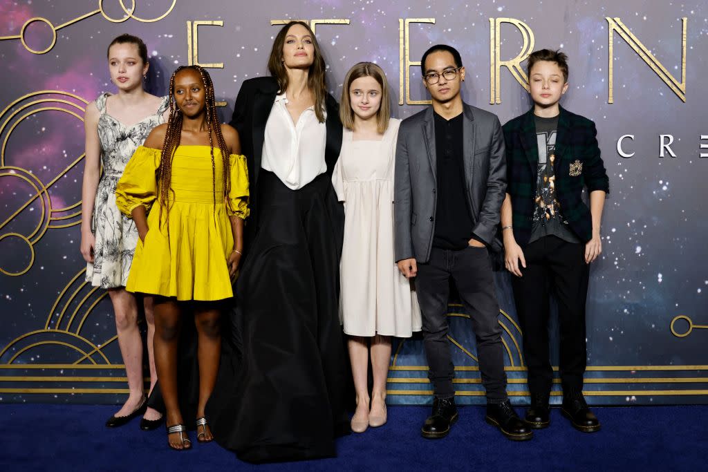 Angelina Jolie and five of her children — Shiloh, Zahara, Vivienne, Maddox and Knox, attend a UK premiere of 