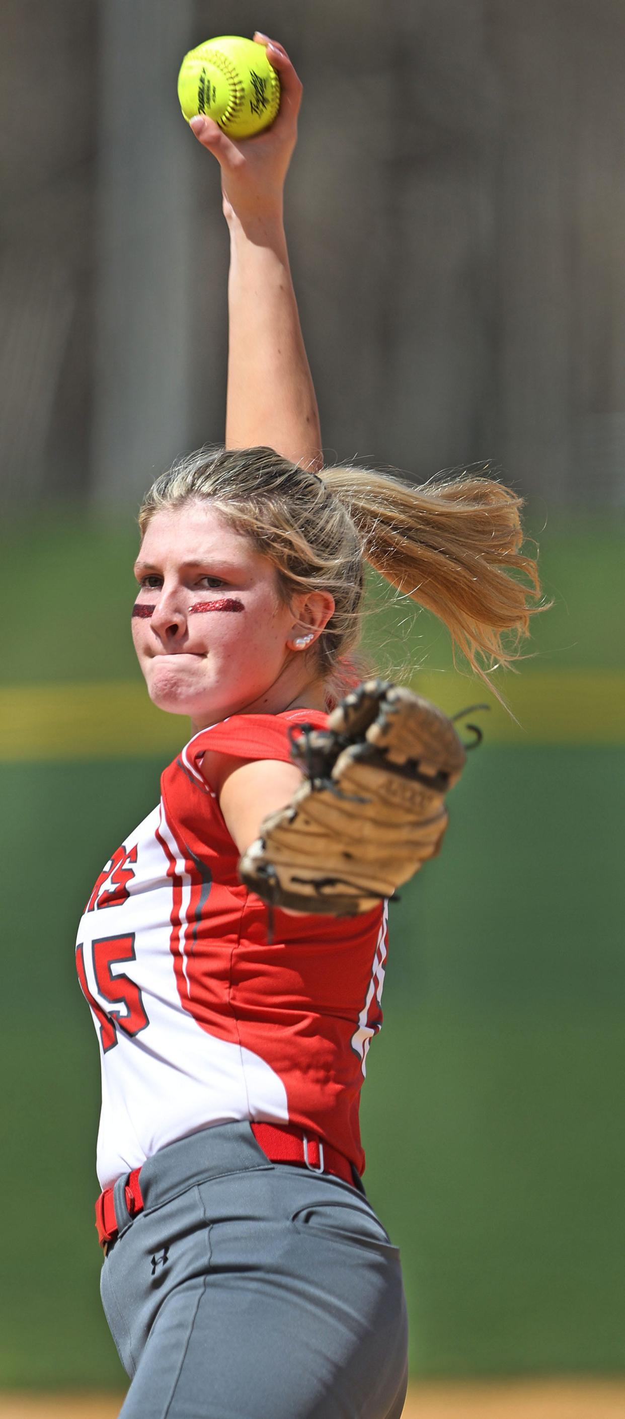 Lakers starting pitcher Delaney Moquin in the wind up.

Silver Lake softballs hosts Lincoln Sudbury on Wednesday April 17, 2024