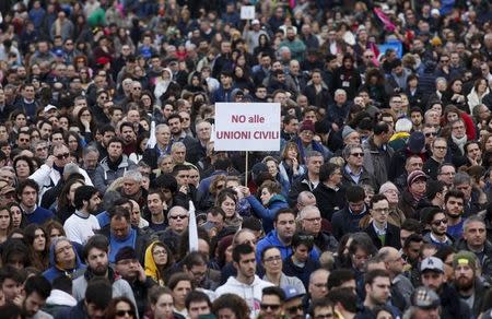 A protester holds a placard reading "No to civil union" during a rally against same-sex unions and gay adoption in Rome, Italy January 30, 2016. REUTERS/Remo Casilli