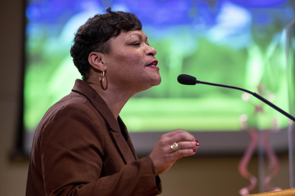 FILE - New Orleans Mayor LaToya Cantrell presents her 2023 operating budget to the New Orleans City Council, Oct. 25, 2022, at New Orleans City Hall. A court settlement that significantly lowered the number of petition signatures Cantrell's opponents need to force a recall election was challenged by Cantrell and one of her supporters in two state courts Tuesday, March 14, 2023. (Chris Granger/The Times-Picayune/The New Orleans Advocate via AP, File)