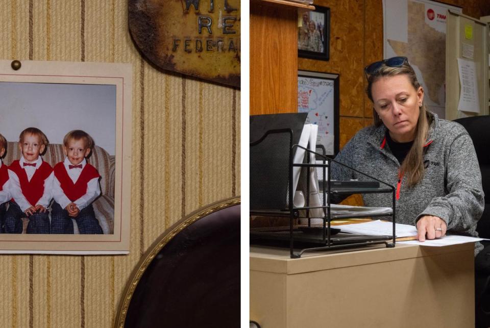 Left: A photograph of Krystal Fancher Smith, left, and her brothers is displayed inside their father’s office. The income from their father’s business, Fancher Electric, paid for in-state tuition for all four kids to go to college. While her brothers all graduated, Krystal decided college was not for her. Right: Krystal Fancher Smith, 41, left, and her mother, Julie Fancher, 68, co-owner of Fancher Electric, look over credit card payments inside the company office. Smith decided to leave college and join the family business — a decision she does not regret. <cite>Credit: Desiree Rios for The Texas Tribune</cite>