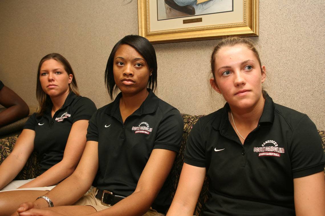 From Saturday, May 10, 2008: USC players, from left, Courtney Newton, Demetress Adams and Jordan Jones listen during Dawn Staley’s first press conference as the Gamecocks’ new coach.