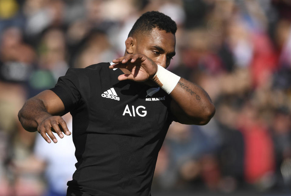 New Zealand's Sevu Reece celebrates after scoring a try against Tonga during their rugby test match in Hamilton, New Zealand, Saturday, Sept. 7, 2019. (Andrew Cornaga/Photosport via AP)