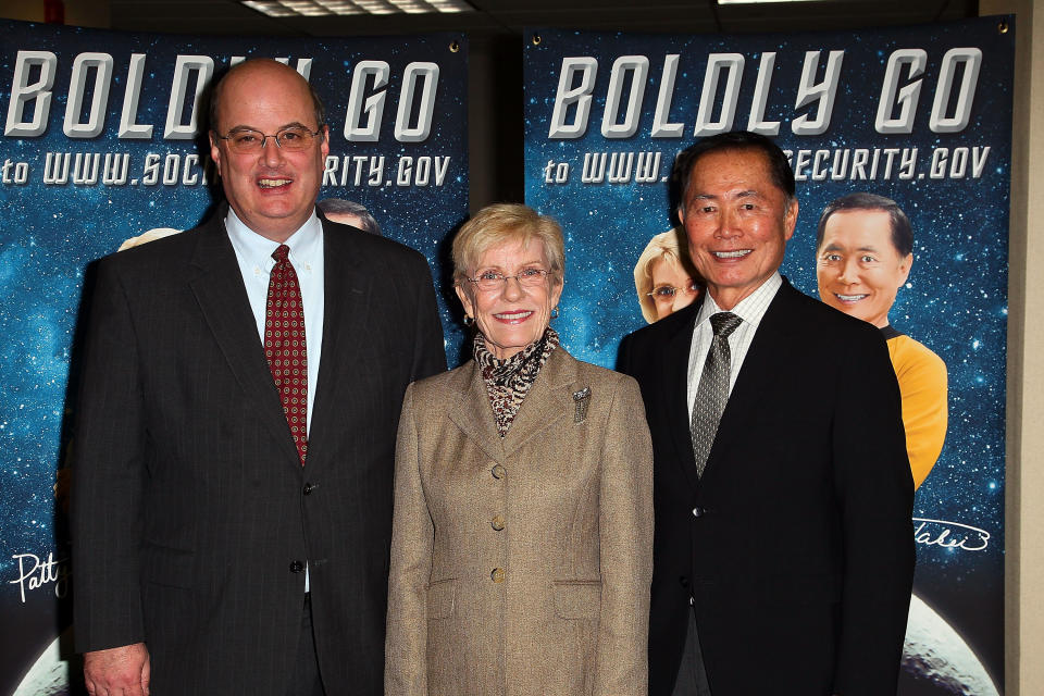 Commissioner of Social Security Michael J. Astrue, actress&nbsp;Patty Duke and actor George Takei attend the official launch of George Takei and Patty Duke's Social Security Administration Public Service announcements on April 6, 2011, in New York City.