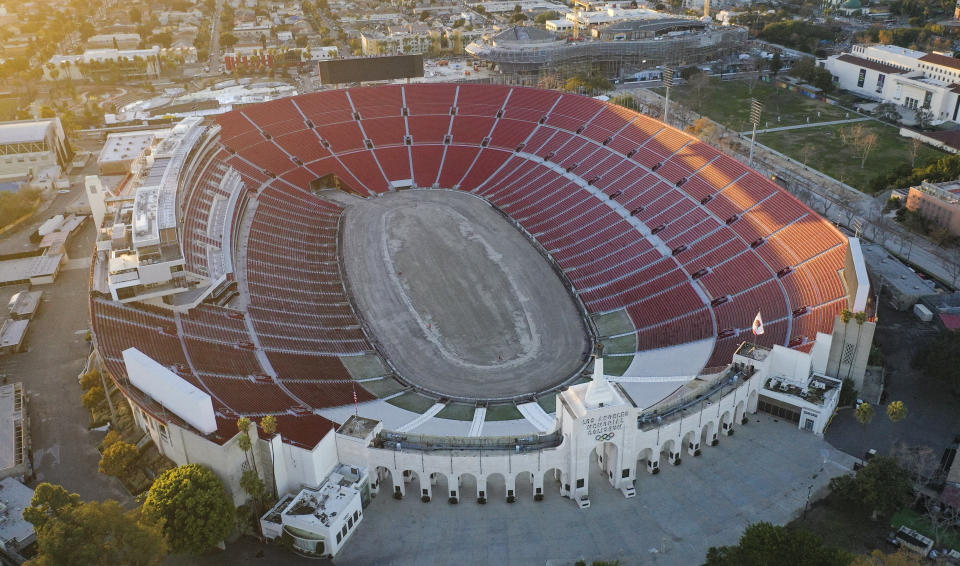 LOS ANGELES, CALIFORNIA - DECEMBER 31: Aerial view of the Los Angeles Coliseum under construction for the NASCAR Busch Light Clash at the Coliseum, on December 31, 2021 in Los Angeles, California. (Photo by Meg Oliphant/Getty Images)