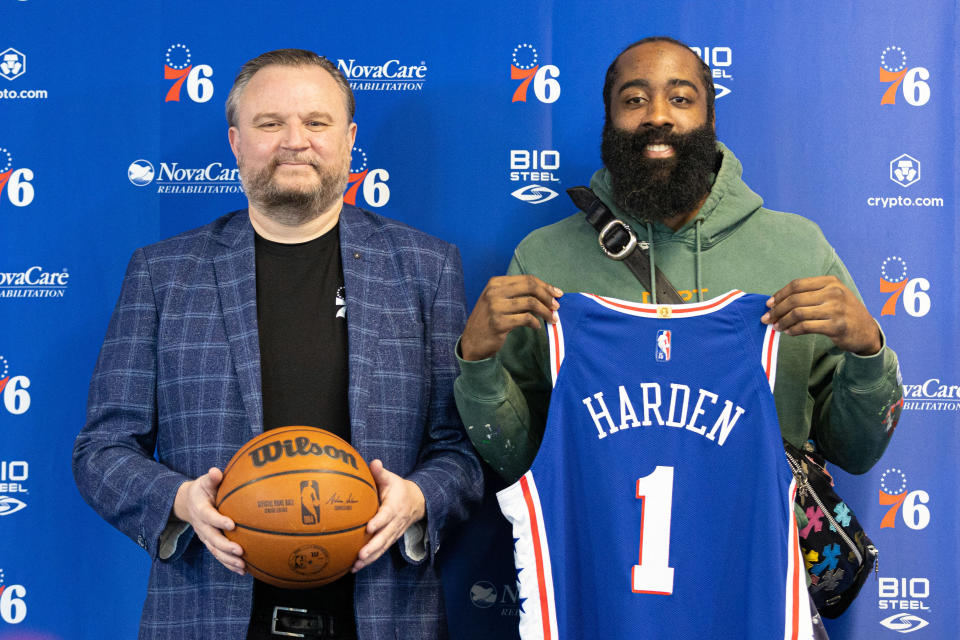 Philadelphia 76ers guard James Harden and president of basketball operations Daryl Morey pose in 2022 after Harden signed with the team. (Bill Streicher/USA TODAY Sports)