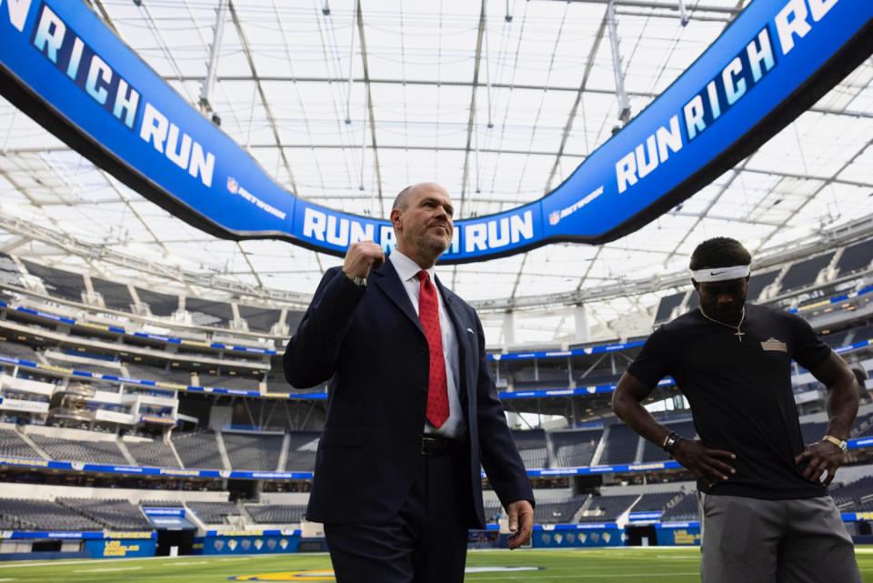 NFL Network broadcaster Rich Eisen and former NFL star Michael Vick at SoFi Stadium in Inglewood.