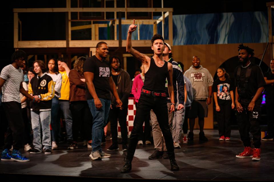 Julian Orozco, front, practices a solo during Springfield Little Theatre and Mosaic Arts Collective's "In The Heights" rehearsal at The Landers Theatre on Sunday, Jan. 7, 2024. "In The Heights" ran Jan. 26-Feb. 11, 2024.