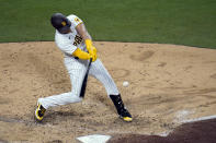 San Diego Padres' Luke Voit hits a three-run home run against the Pittsburgh Pirates during the sixth inning of a baseball game Friday, May 27, 2022, in San Diego. (AP Photo/Gregory Bull)