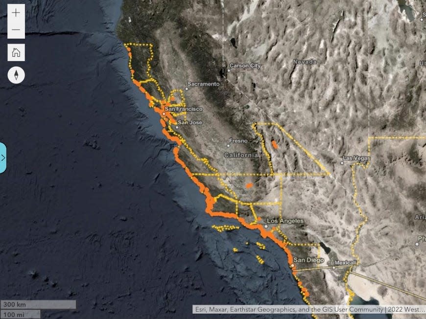 map shows orange sites along california