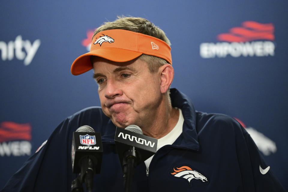 Denver Broncos head coach Sean Payton addresses the media after an NFL football game against the Detroit Lions, Saturday, Dec. 16, 2023, in Detroit. (AP Photo/David Dermer)