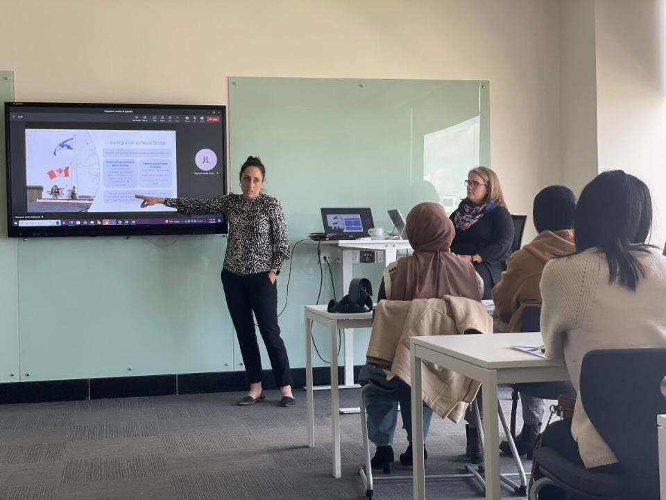 Jennifer L'Esperance makes a presentation to potential job candidates in Jordan in March. She is the senior executive director of immigration and population growth with Nova Scotia's Department of Labour, Skills and Immigration. (Sarah Wiseman/Shapiro Foundation - image credit)