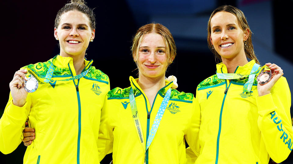 Shayna Jack, Mollie O'Callaghan and Emma McKeon, pictured here on the podium after the 100m freestyle final at the Commonwealth Games.