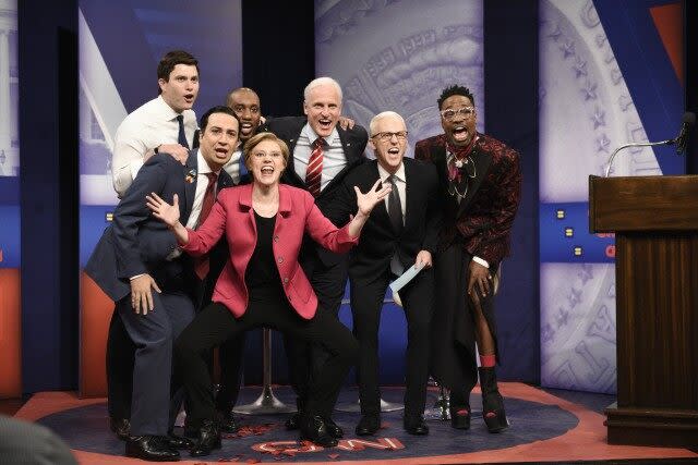 The guest stars took the stage to help 'SNL' lampoon the democrats' LGBTQ town hall debate.