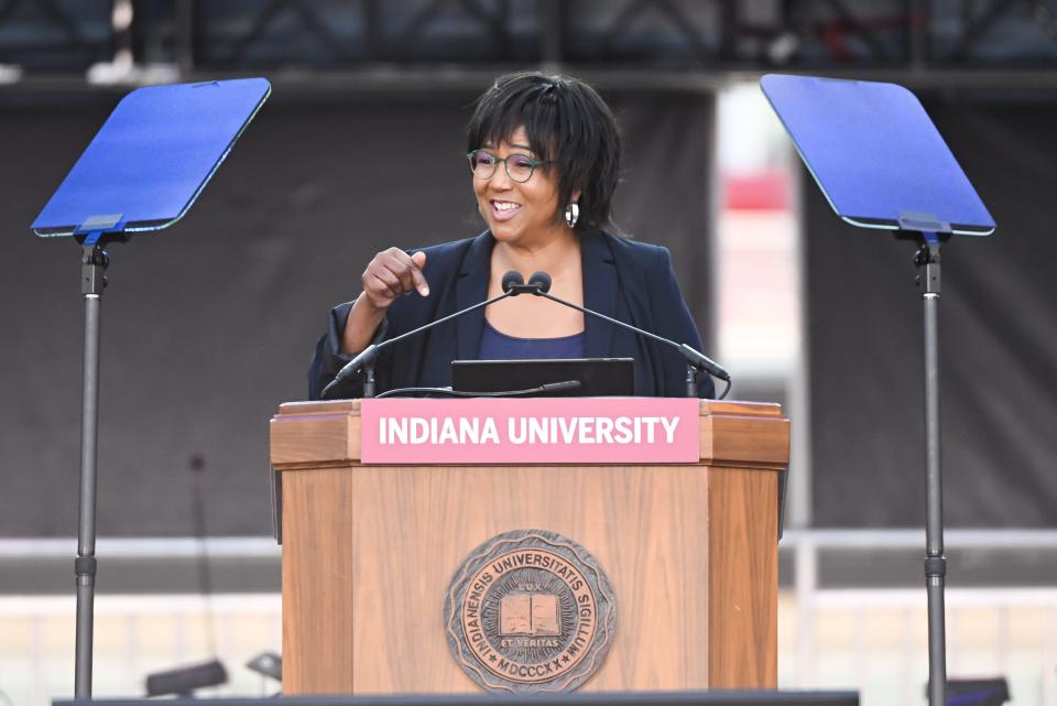 Mae Jemison speaks during the Hoosier Cosmic Celebration at Memorial Stadium on Monday, April 8, 2024.