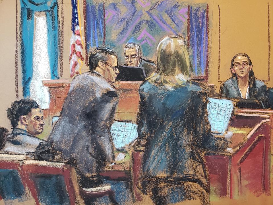 Assistant U.S. Attorney Danielle Sassoon questions Caroline Ellison as defense lawyer Mark Cohen stands to object at Sam Bankman-Fried's fraud trial before U.S. District Judge Lewis Kaplan over the collapse of FTX, the bankrupt cryptocurrency exchange, at Federal Court in New York City, U.S., October 11, 2023 in this courtroom sketch.