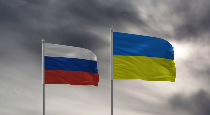 Russian and Ukrainian flags, Russian-Ukrainian War, defense stocks