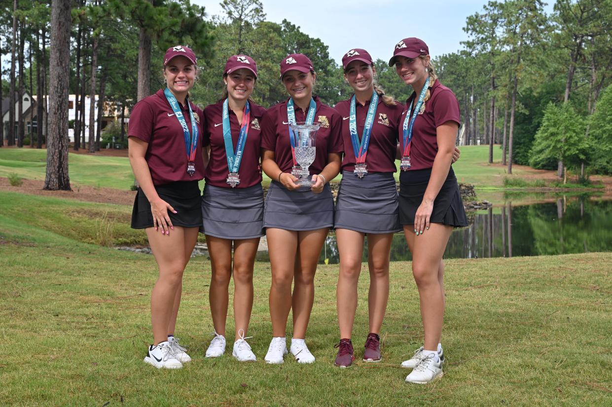 New Albany's Ceci Coccia (left), Anna Ritter, Mia Hammond, Kary Hollenbaugh and Anna Coccia pose with their trophy and medals June 29 after placing third at the NHSGA High School Golf National Invitational at Pinehurst Resort in Pinehurst, North Carolina.