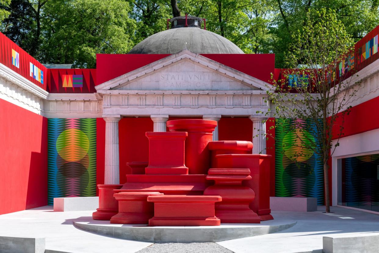 <span>Jeffrey Gibson’s ‘trippy, ultra-bright’ US pavilion at the 2024 Venice Biennale.</span><span>Photograph: Timothy Schenck</span>