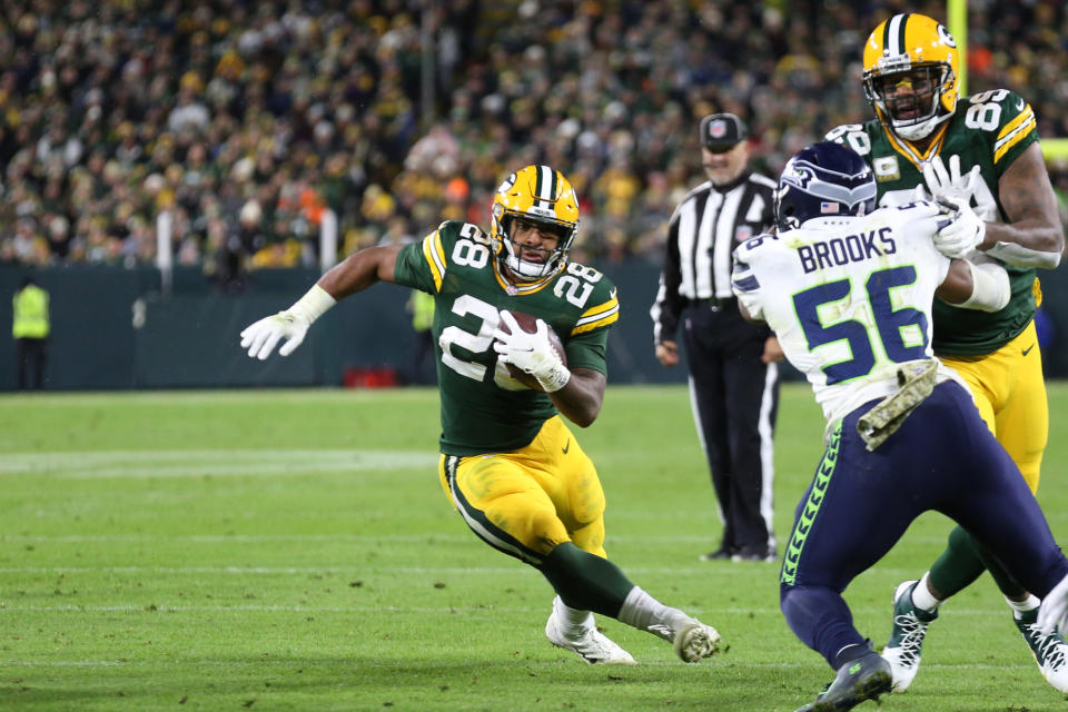 Green Bay Packers running back A.J. Dillon (28) 