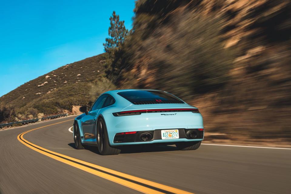 <p>A rear-axle-steering system is optional, and Porsche claims the Carrera T is 100 pounds lighter than the standard car.</p>