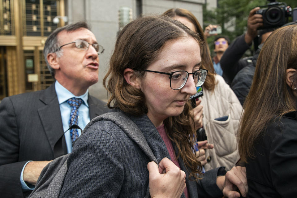 Caroline Ellison former CEO of Alameda Research founded by Sam Bankman-Fried exits the Manhattan federal court after testifying on Tuesday, Oct. 10, 2023, in New York. (AP Photo/Eduardo Munoz Alvarez)