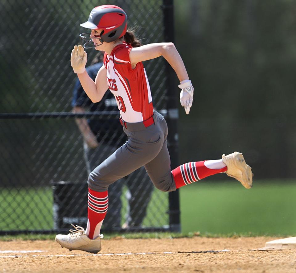 Lakers shortstop Samantha Waters scores on a hit to right field.

Silver Lake softballs hosts Lincoln Sudbury on Wednesday April 17, 2024