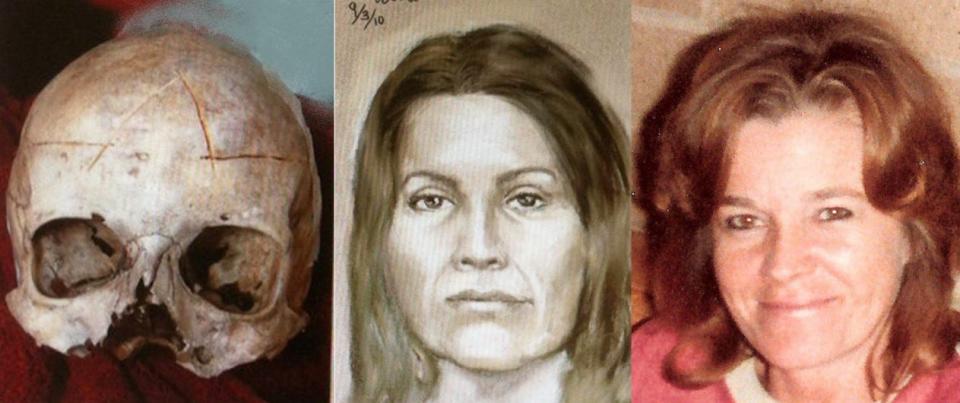 The skull was found in Richmond, Texas, in 2010. The center image is the rendition by Lois Gibson. At right, is a photo of the woman belonging to the skull.