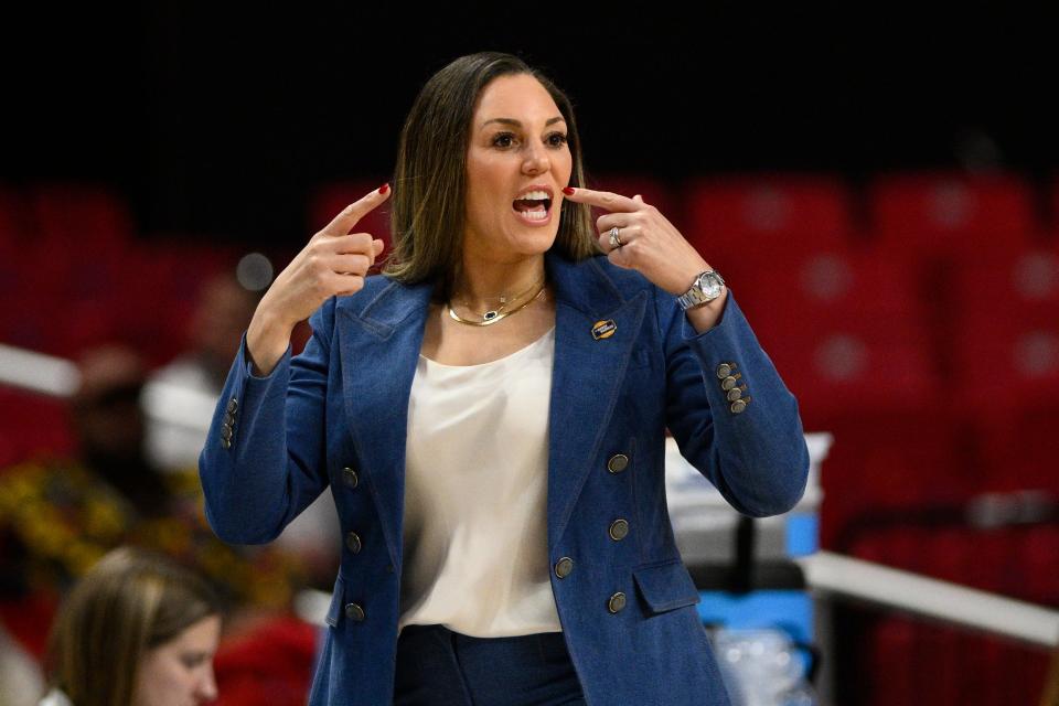 Arizona head coach Adia Barnes gestures in the second half of a first-round college basketball game against West Virginia in the NCAA Tournament, Friday, March 17, 2023, in College Park, Md. Arizona won 75-62. (AP Photo/Nick Wass)